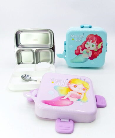 Alternative view of ظرف غذای پری دریایی طرح آب رنگی جدید-3بخشی-استیل (قاشق+ظرف ماست)-1120میل-کد6599