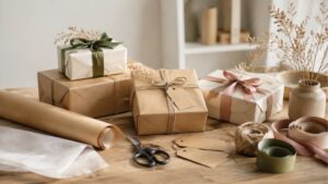 چیدمان حرفه‌ای جعبه‌های هدیه با کاغذ، روبان و تگ ساده