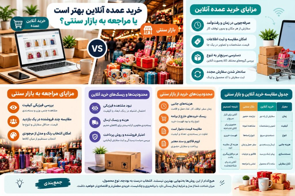 اینفوگرافی مقایسه خرید عمده آنلاین و بازار سنتی