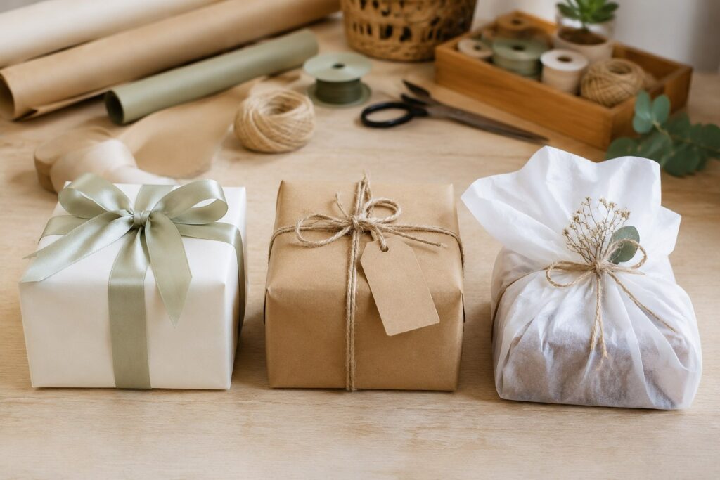  سه سبک تزئین بسته هدیه با روبان، نخ کنفی و کاغذ پوستی
