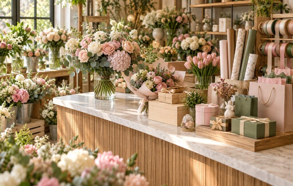 ویترین گل‌فروشی با باکس، بگ، کاغذ کادو و محصولات هدیه‌ای مکمل