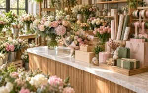 ویترین گل‌فروشی با باکس، بگ، کاغذ کادو و محصولات هدیه‌ای مکمل
